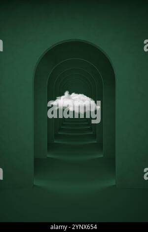 Rendering 3d surreale verde astratto con nuvola bianca. Corridoio ad arco sfondo verde smeraldo. Foto Stock