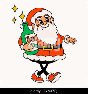 Felice Babbo Natale con la bottiglia. Vivace personaggio vintage di Babbo Natale. Illustrazione Vettoriale