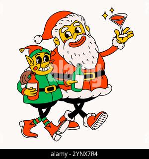 Babbo Natale ubriaco ed elfo. Simpatici personaggi vintage di Babbo Natale e degli elfi che celebrano le vacanze. Illustrazione Vettoriale