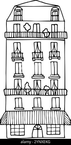 Casa parigina disegnata a mano silhouette isolata. Disegno vintage dipinto da inchiostri neri per icona, logo o design Illustrazione Vettoriale