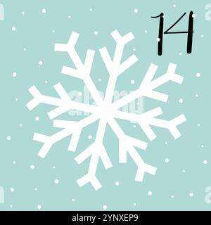 Calendario dell'avvento natalizio con fiocco di neve e nevicate. giorno del 14 dicembre. Illustrazione piatta vettoriale Illustrazione Vettoriale