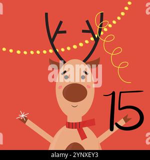 Calendario dell'avvento natalizio con cervi e ghirlande. 15 dicembre. Illustrazione piatta vettoriale Illustrazione Vettoriale