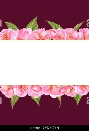 Fiori di cartolina e Sakura rosa pronti all'uso, foglie verdi e cornice orizzontale dorata. Invito, disposizione dell'opuscolo. Illustrazione ad acquerello disegnata a mano Foto Stock