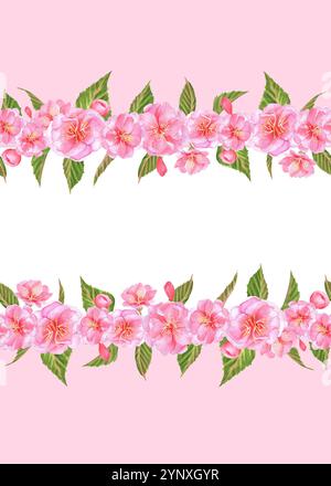 Cartolina pronta all'uso con sfondo rosa, fiori Sakura e foglie verdi. Invito, disposizione dell'opuscolo. Illustrazione ad acquerello disegnata a mano. Foto Stock