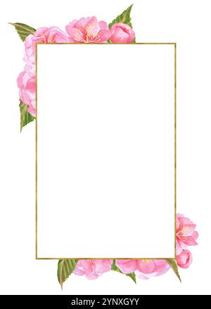 Cartolina pronta all'uso con fiori Sakura rosa, foglie verdi e cornice dorata verticale. Invito, disposizione dell'opuscolo. Illustrazione ad acquerello disegnata a mano Foto Stock