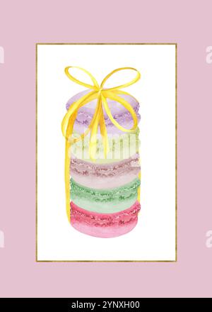 Cartolina pronta all'uso con sfondo rosa e macaron colorati. Invito, layout biglietti d'auguri. Illustrazione ad acquerello disegnata a mano. Foto Stock