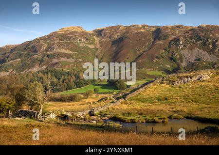 Regno Unito, Inghilterra, Cumbria, Little Langdale, Slater’s Bridge sul fiume Brathay sotto le cave di Lingmoor Foto Stock