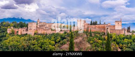 Vista panoramica del Palazzo dell'Alhambra dall'area di albayzin e delle montagne della Sierra Nevada sullo sfondo, a Granada, Spagna. Foto Stock