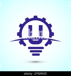 Alfabeto inglese con lampadina elettrica e simbolo dell'ingranaggio. Concept del logo di idea creativa Illustrazione Vettoriale