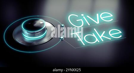 Dare, prendere - manopola rotante e parole brillanti - illustrazione 3D. Foto Stock