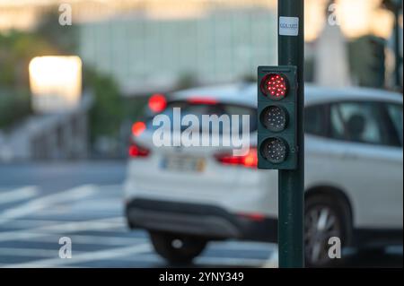 Un segnale stradale rosso indica che i veicoli devono fermarsi in corrispondenza di un intersezione trafficata. Foto Stock