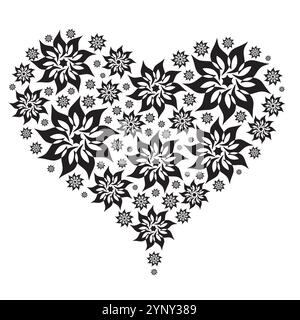 Silhouette a cuore grande realizzata in Mandala bianco e nero Illustrazione Vettoriale