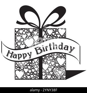 Confezione regalo in più motivi cuori e nastro in bianco e nero Illustrazione Vettoriale