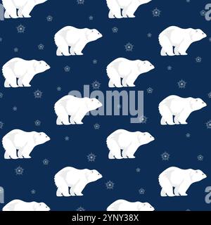 Motivo invernale senza cuciture con orso e fiocchi di neve. Schema natalizio. Capodanno vettoriale, vacanze invernali con paesaggio artico per stampa, carta, design, Illustrazione Vettoriale