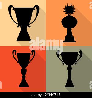 Set di quattro coppe vettoriali campione in stile piatto. Premi per il campionato per il primo posto. Simboli della vittoria. Illustrazione Vettoriale