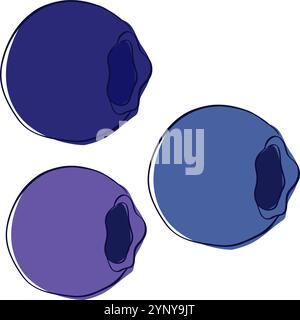 Set di mirtilli con linee grafiche, tre bacche colorate, illustrazione vettoriale isolata su sfondo trasparente Illustrazione Vettoriale