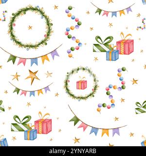 Elementi natalizi. Motivo ad acquerello senza cuciture con ghirlande, stelle, albero di Natale, regali e rami di abete. Disegnato a mano, per confezionamento, stampa di tessuti, vacanze Foto Stock