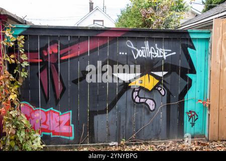 Southside Cruz Angry Bird murales su Alex Faulkner Lane a Etobicoke, Toronto, Ontario, Canada Foto Stock