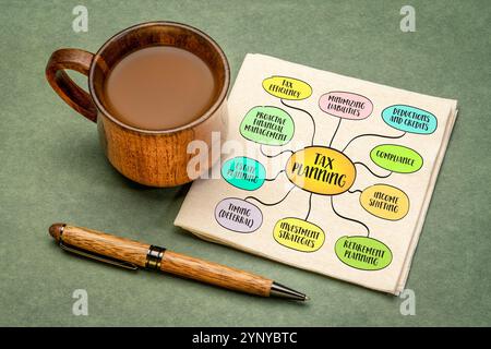 Pianificazione fiscale - organizzazione delle finanze in modo da massimizzare l'efficienza fiscale, ridurre la responsabilità e garantire la conformità alle leggi fiscali, infografica sulla mappa mentale Foto Stock