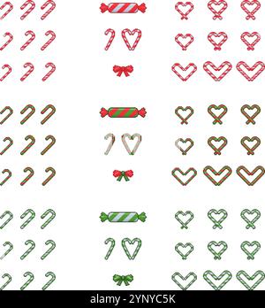 Caramelle natalizie, dolci, canna da zucchero incastonata in pixel art. Collezione di caramelle alla menta piperita a 16 bit. Stile videoludico 2D rétro Illustrazione Vettoriale