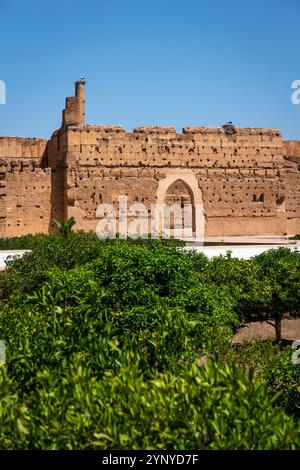 Cortile interno all'aperto del Palazzo El Badii a Marrakech, catturato alla luce del giorno Foto Stock
