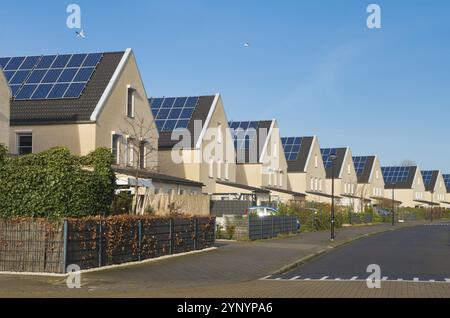 Fila di case moderne di nuova costruzione con pannelli solari nei paesi bassi Foto Stock