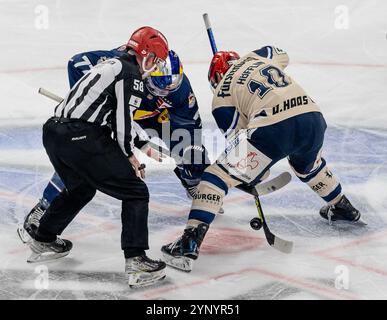 Linesperson Lukas Pfriem fuehrt ein bully / Faceoff aus zwischen Adam Brooks (EHC Red Bull Muenchen, n. 77) e Mirko Hoefflin (Schwenninger Wild Wings, n. 10). GER, EHC Red Bull Muenchen vs. Schwenninger Wild Wings, Eishockey, DEL, 20. Spieltag, Saison 2024/2025, 26.11.2024. Foto: Eibner-Pressefoto/Heike Feiner Foto Stock