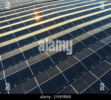 Magazzino industriale con tetto carico di pannelli solari Foto Stock