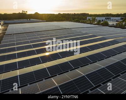 Magazzino industriale con tetto carico di pannelli solari Foto Stock