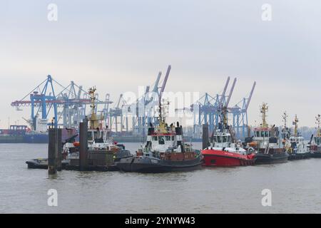 AMBURGO, GERMANIA, 20 DICEMBRE 2016: Rimorchiatori in attesa di entrare in azione nella zona portuale di Amburgo Foto Stock