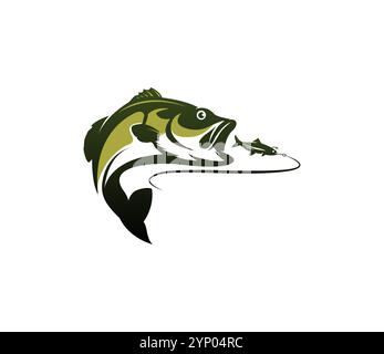 Logo per la pesca al branzino con un esclusivo salto del pesce persico per catturare un richiamo. Ideale per marche di pesca e aziende di articoli sportivi. Modello logo vettoriale Illustrazione Vettoriale