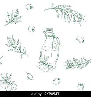 Motivo senza cuciture con rami verdi di olive e caraffa di vetro con olio. Disegno a inchiostro. Illustrazione Vector disegnata a mano in bianco e nero. Può essere utilizzato per Illustrazione Vettoriale