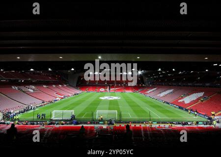 Liverpool, Regno Unito. 27 novembre 2024. Vista generale all'interno dello stadio di Anfield dal Kop verso l'Anfield Road Stand. UEFA Champions League, Liverpool contro Real Madrid ad Anfield a Liverpool mercoledì 27 novembre 2024. Questa immagine può essere utilizzata solo per scopi editoriali. Solo per uso editoriale. foto di Chris Stading/Andrew Orchard fotografia sportiva/Alamy Live News crediti: Andrew Orchard fotografia sportiva/Alamy Live News Foto Stock