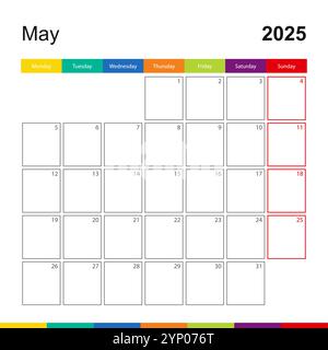 Maggio 2025 colorato calendario murale, la settimana inizia lunedì. 2025 modello di calendario. Illustrazione Vettoriale