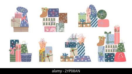 Scatole regalo per le vacanze con nastri e fiocchi, illustrazione vettoriale, buon Natale e felice anno nuovo, decorazioni e design tradizionali per le feste invernali Illustrazione Vettoriale