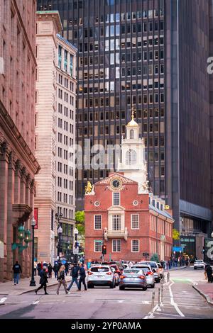 Old State House nel centro di Boston l'edificio, risalente al 1713, è uno dei BostonÕs più antichi edifici pubblici e un importante sito storico Foto Stock