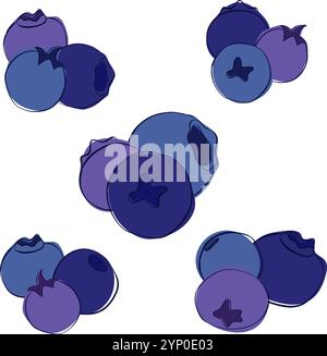 Stile del contorno grafico con composizione a mirtillo di grandi dimensioni. Illustrazione vettoriale isolata su sfondo bianco trasparente con tre bacche Illustrazione Vettoriale
