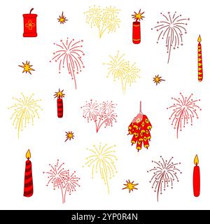 Set di ritagli per capodanno lunare. Fuochi d'artificio, Firecrackers, candele, semplice clip per icone di scarabocchi. Illustrazione Vettoriale