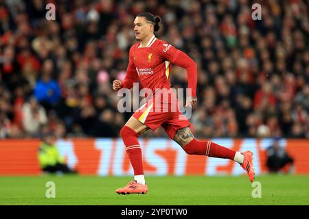 Liverpool, Regno Unito. 27 novembre 2024. Darwin Nunez del Liverpool guarda durante la partita di UEFA Champions League ad Anfield, Liverpool. Il credito per immagini dovrebbe essere: Jessica Hornby/Sportimage Credit: Sportimage Ltd/Alamy Live News Foto Stock