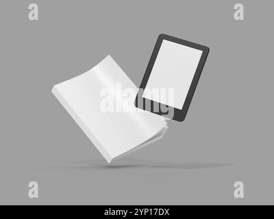 Libro bianco bianco galleggiante e e Book 3D Render Mockup Foto Stock