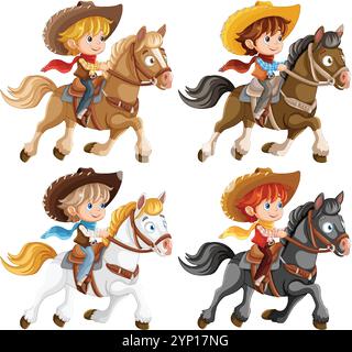 Quattro cowboy che cavalcano cavalli di diversi colori Illustrazione Vettoriale