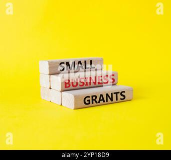 Simbolo delle sovvenzioni per piccole imprese. Parole concettuali Small Business Grants on Wooden blocks. Bellissimo sfondo giallo. Business and Small Business Grants co Foto Stock