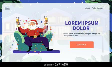 Babbo Natale festeggia allegramente le vacanze con coriandoli e bevande su un banner del sito web di feste di sfondo di una casa innevata sul divano Illustrazione Vettoriale