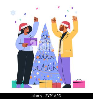 Festa di Natale con persone che scambiano regali scena festiva con alberi decorati regali colorati coriandoli e fiocchi di neve tema festivo Illustrazione Vettoriale