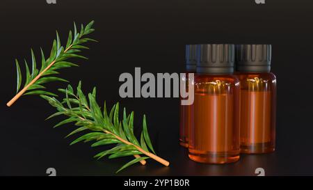 La rappresentazione 3d di Melaleuca alternifolia o foglie di tea Tree e bottiglie di vetro marrone sono spesso utilizzate per conservare oli essenziali come l'olio di tea Tree. Foto Stock