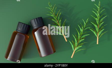 La rappresentazione 3d di Melaleuca alternifolia o foglie di tea Tree e bottiglie di vetro marrone sono spesso utilizzate per conservare oli essenziali come l'olio di tea Tree. Foto Stock