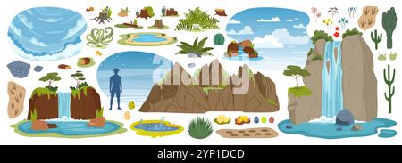 Risorsa di gioco ambientale dell'era dei dinosauri giurassici. Piante e alberi, roccia e montagna, cascata, pietre e nuvole. Felci, cactus, impronte, uova di dinosauro, stagni e fiori cartoni animati preistorici Illustrazione Vettoriale