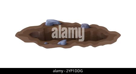 Cartoni animati, fossa sporca profonda o tana con buco nel terreno terreno, icona vettoriale. Tombino sotterraneo o scavare in profondità nel terreno con rocce di pietra o ciottoli sui bordi e pozzo cavo in vista isometrica Illustrazione Vettoriale