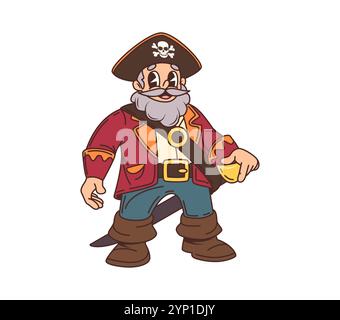 Pirata dei cartoni animati, marinaio corsaro allegro personaggio. Nave a vela filibuster equipaggio skipper o capitano personaggio vettoriale isolato, corsaro bandito boatswain o marinaio pirata caraibico Happy mascotte Illustrazione Vettoriale