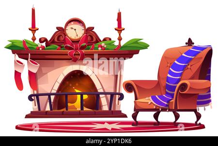 Accogliente interno natalizio con caminetto decorato con calze e candele, orologio e vegetazione. Comoda poltrona con coperta a righe che si trova vicino al tappeto rotondo. Calda atmosfera natalizia invernale. Illustrazione Vettoriale